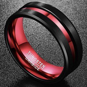 Mens Tungsten Wedding Band 8mm. Red & Black Matte Finish Tungsten Carbide Ring